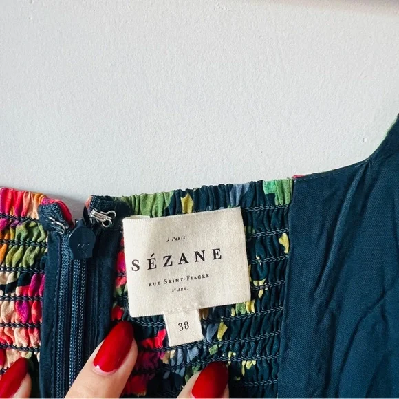 Sezane Dorotha Dress Floral Midi Trianon Print Tie Strap Slit Dress Size 6 US - Picture 5 of 9